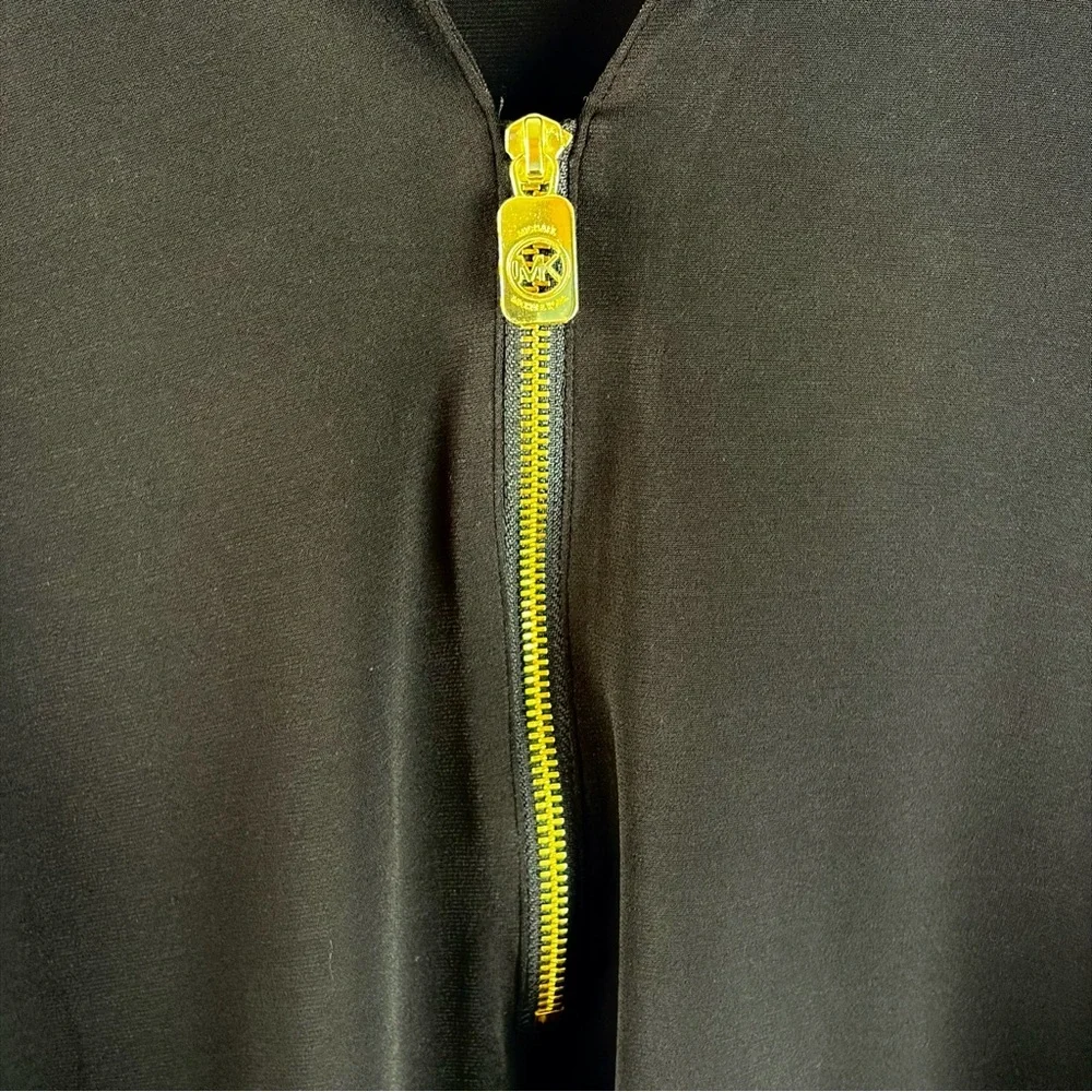 Michael Kors Black Zip Front Blouse Gold Hardware Roll Tab Sleeve 2X - Picture 7 of 12